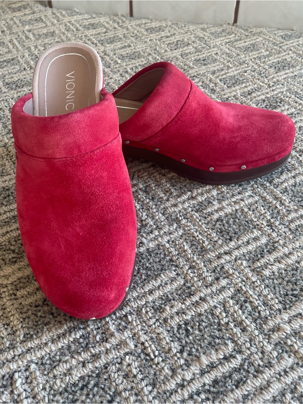 Vionic Red Suede Stud-Trim Clog Mule